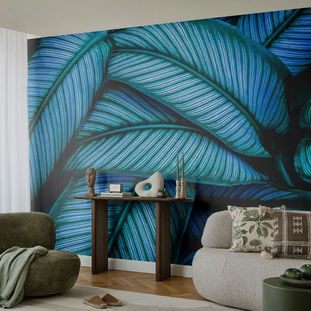 Papier Peint Photo Premium Sand - Gros plan de feuilles turquoise aux veines intenses - 100x70cm - Lignes de vie - Décoration murale moderne pour le salon et la chambre ARTTOR
