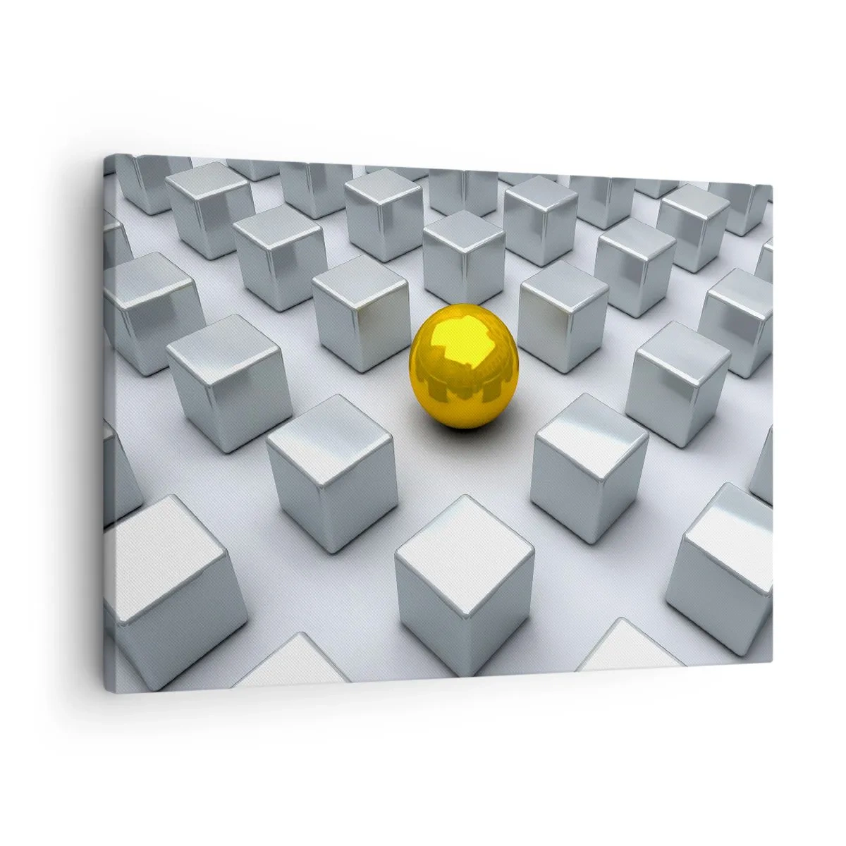 Impression sur toile - Image sur toile - Une sphère dorée se détachant parmi les cubes d'argent - 70x50cm - Pourquoi moi? Composition géométrique - Décoration murale moderne pour le salon et la chambre ARTTOR