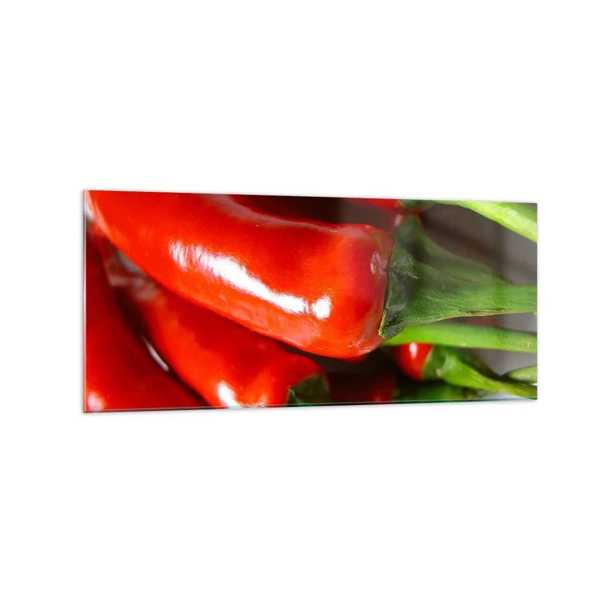 Impression sur verre - Image sur verre - Gros plan de piments rouges avec des tiges vertes - 120x50cm - Juteux, brillant, lisse - Décoration murale moderne pour le salon et la chambre ARTTOR