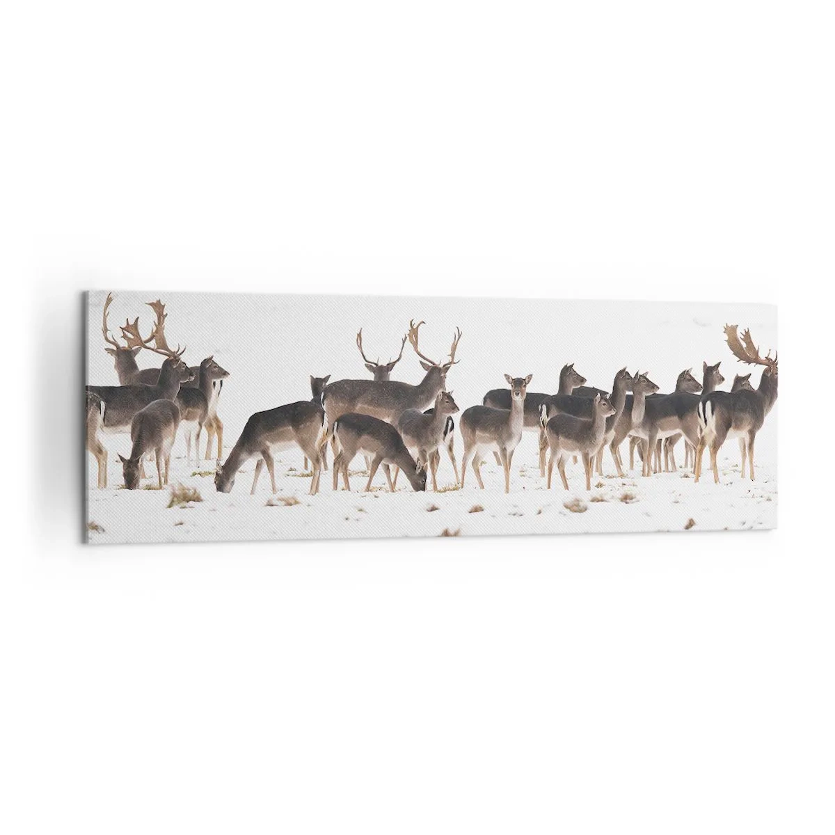 Impression sur toile - Image sur toile - Un troupeau de cerfs sur fond de neige - 160x50cm - Les fêtes approchent ? - Décoration murale moderne pour le salon et la chambre ARTTOR
