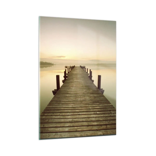 Impression sur verre - Image sur verre - Une jetée en bois sur un lac calme à l'aube - 50x70cm - L'aube, les premières lueurs, le jour  - Décoration murale moderne pour le salon et la chambre ARTTOR