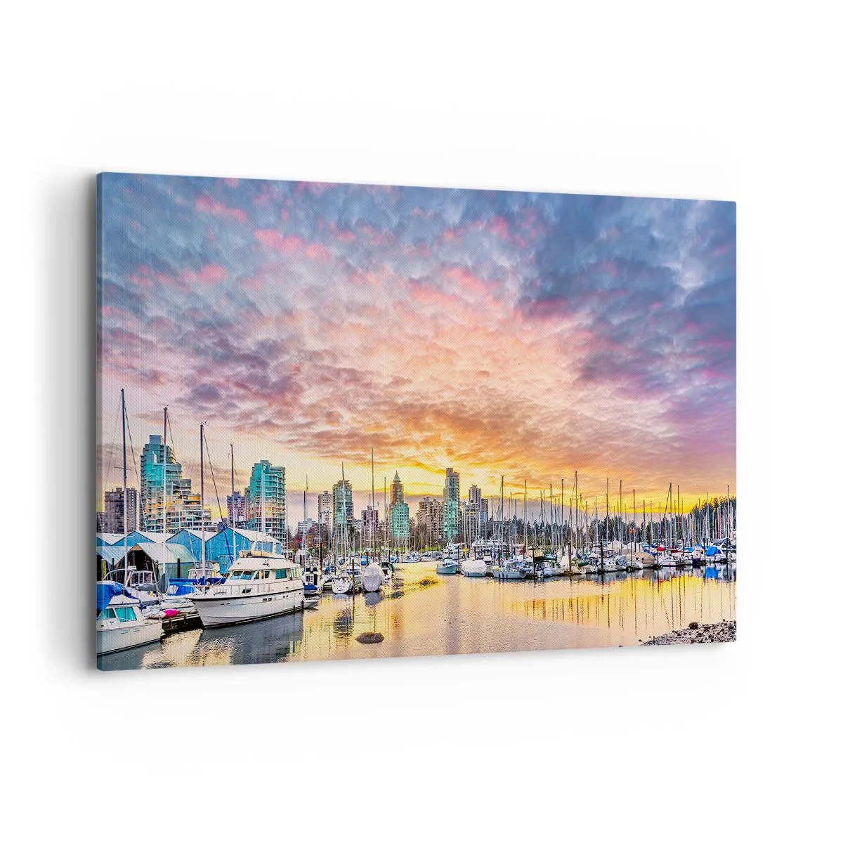 Impression sur toile - Image sur toile - Marina avec yachts et paysage urbain au coucher du soleil - 100x70cm - La cité aux mille marins - Décoration murale moderne pour le salon et la chambre ARTTOR
