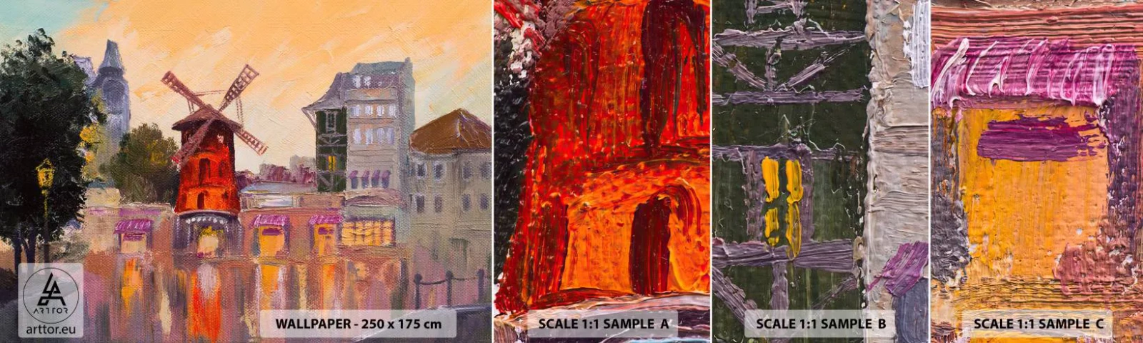 Échantillon de Papier Peint Autocollant Deluxe Sticker - Icones parisiennes – le Moulin rouge - Paris, Ventilateur, Moulin Rouge - 100x30 cm