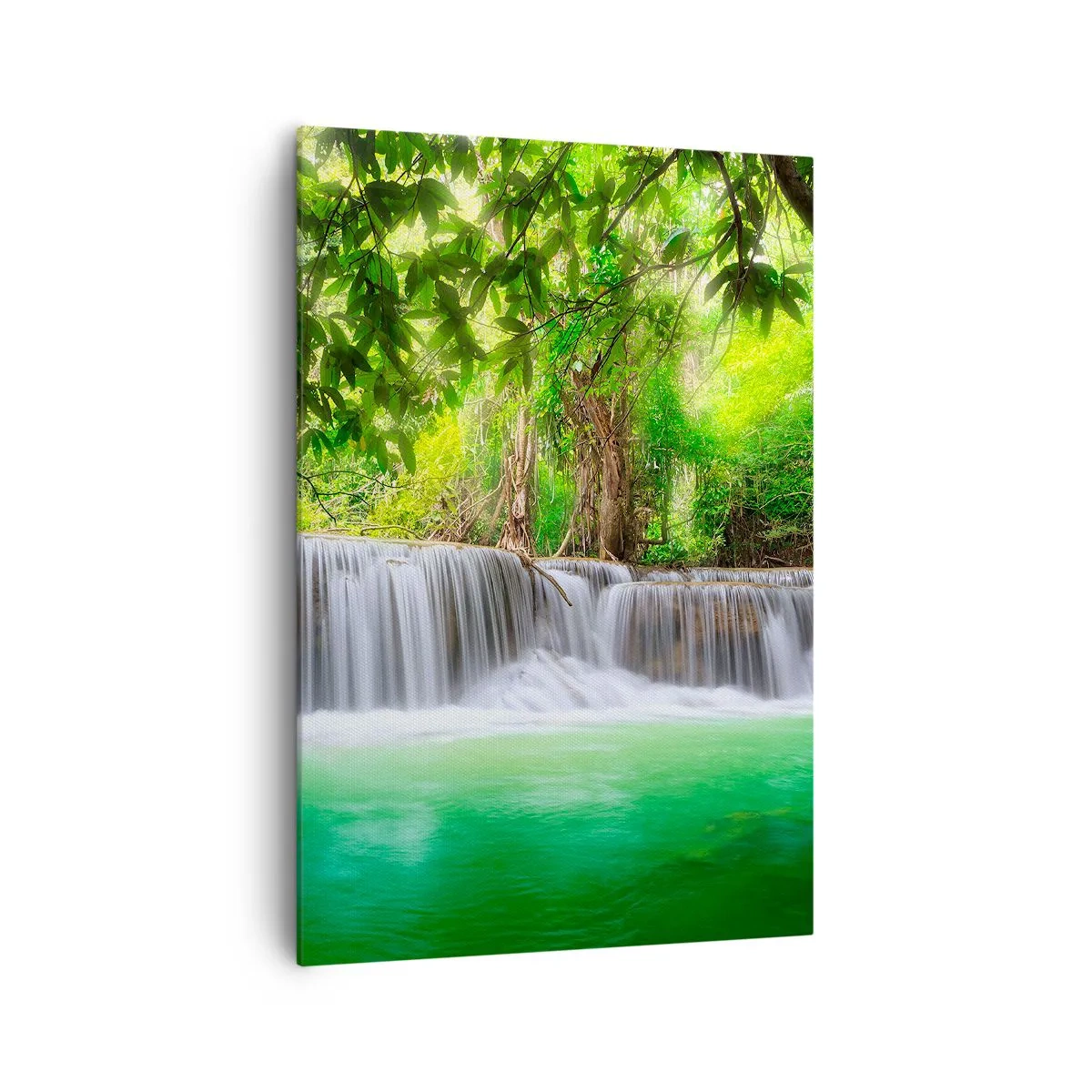 Impression sur toile - Image sur toile - Une cascade verte entourée d'une végétation tropicale dense - 70x100cm - Une cascade de vert - Décoration murale moderne pour le salon et la chambre ARTTOR