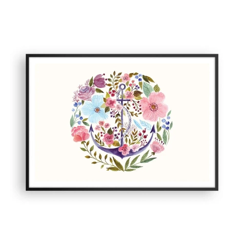 Affiche dans un cadre noir - Poster - Une ancre entourée de fleurs à l'aquarelle sur un fond clair - 100x70cm - Le beau rêve du marin - Décoration murale moderne pour le salon et la chambre ARTTOR