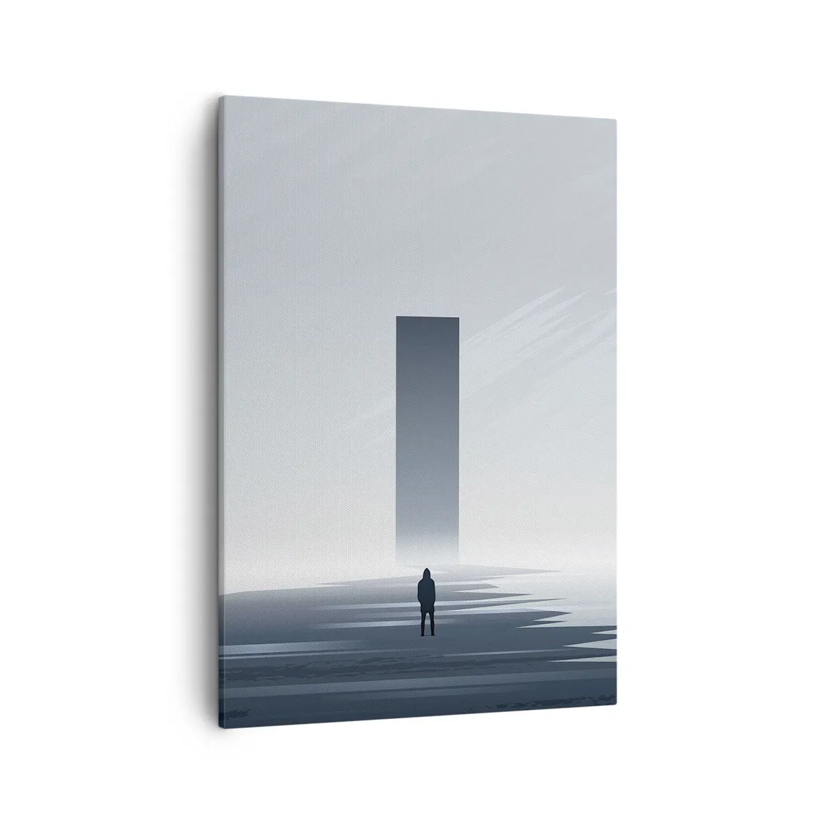 Impression sur toile - Image sur toile - Un paysage minimaliste avec une silhouette à côté d'un monolithe rectangulaire - 50x70cm - Opportunité ou menace ? - Décoration murale moderne pour le salon et la chambre ARTTOR