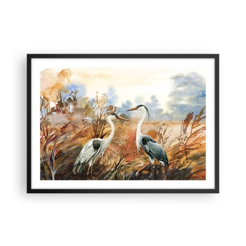 Affiche dans un cadre noir - Poster - Deux hérons sur fond de paysage d'automne - 70x50cm - Jusqu'où en automne ? - Décoration murale moderne pour le salon et la chambre ARTTOR