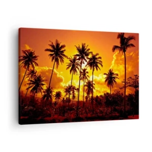 Impression sur toile - Image sur toile - Palmiers contre un ciel doré lors d'un coucher de soleil tropical - 70x50cm - Montagnes en feu, forêts en feu - Décoration murale moderne pour le salon et la chambre ARTTOR