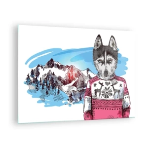 Impression sur verre - Image sur verre - Husky en pull avec des montagnes en arrière-plan - 70x50cm - Un loup en laine de mouton - Décoration murale moderne pour le salon et la chambre ARTTOR