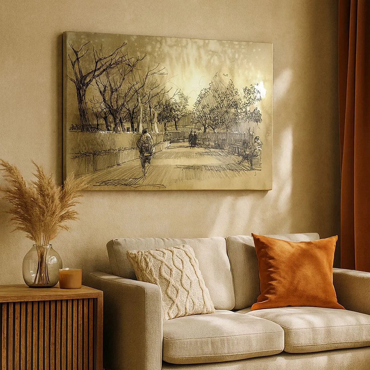 Impression sur toile - Image sur toile - Une scène de dessin animé d'un parc avec des gens marchant dans des tons chauds. - 70x50cm - Un moment arrêté avec une plume - Décoration murale moderne pour le salon et la chambre ARTTOR