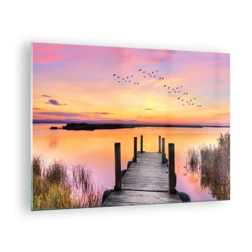 Impression sur verre - Image sur verre - Jetée au bord du lac au coucher du soleil avec des oiseaux dans le ciel - 70x50cm - Aube silencieuse violette - Décoration murale moderne pour le salon et la chambre ARTTOR
