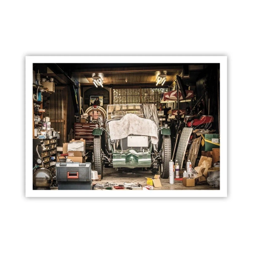 Affiche - Poster - Une vieille voiture dans un garage entourée d'outils et d'équipements - 100x70cm - Retour vers le passé - Décoration murale moderne pour le salon et la chambre ARTTOR