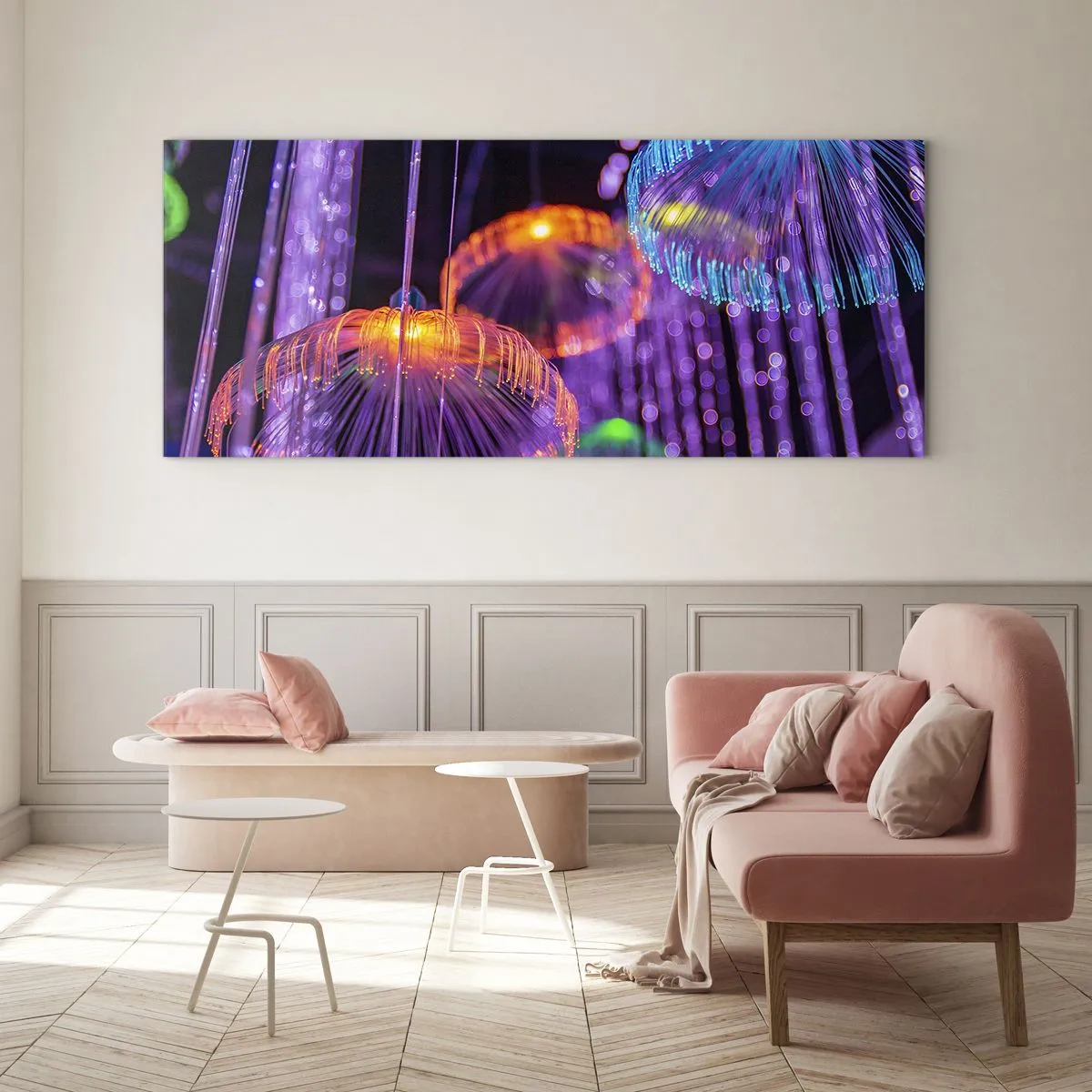 Impression sur verre - Image sur verre - Méduses lumineuses colorées dans un environnement sombre - 160x50cm - Fontaine lumineuse - Décoration murale moderne pour le salon et la chambre ARTTOR