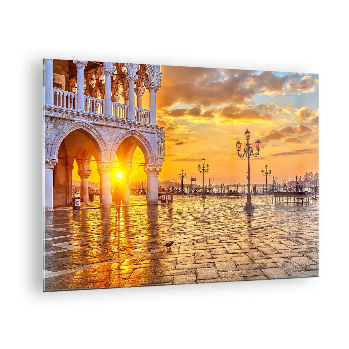 Impression sur verre - Image sur verre - Lever de soleil sur les arcades et la place - 70x50cm - Où est tout le monde? - Décoration murale moderne pour le salon et la chambre ARTTOR