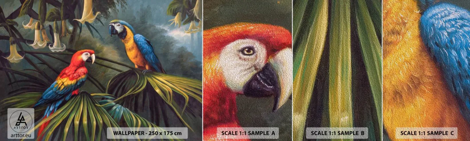 Échantillon de Papier Peint Premium Sand - Romantisme dans les tropiques - Perroquet Ara, Animaux, Forêt tropicale - 100x30 cm