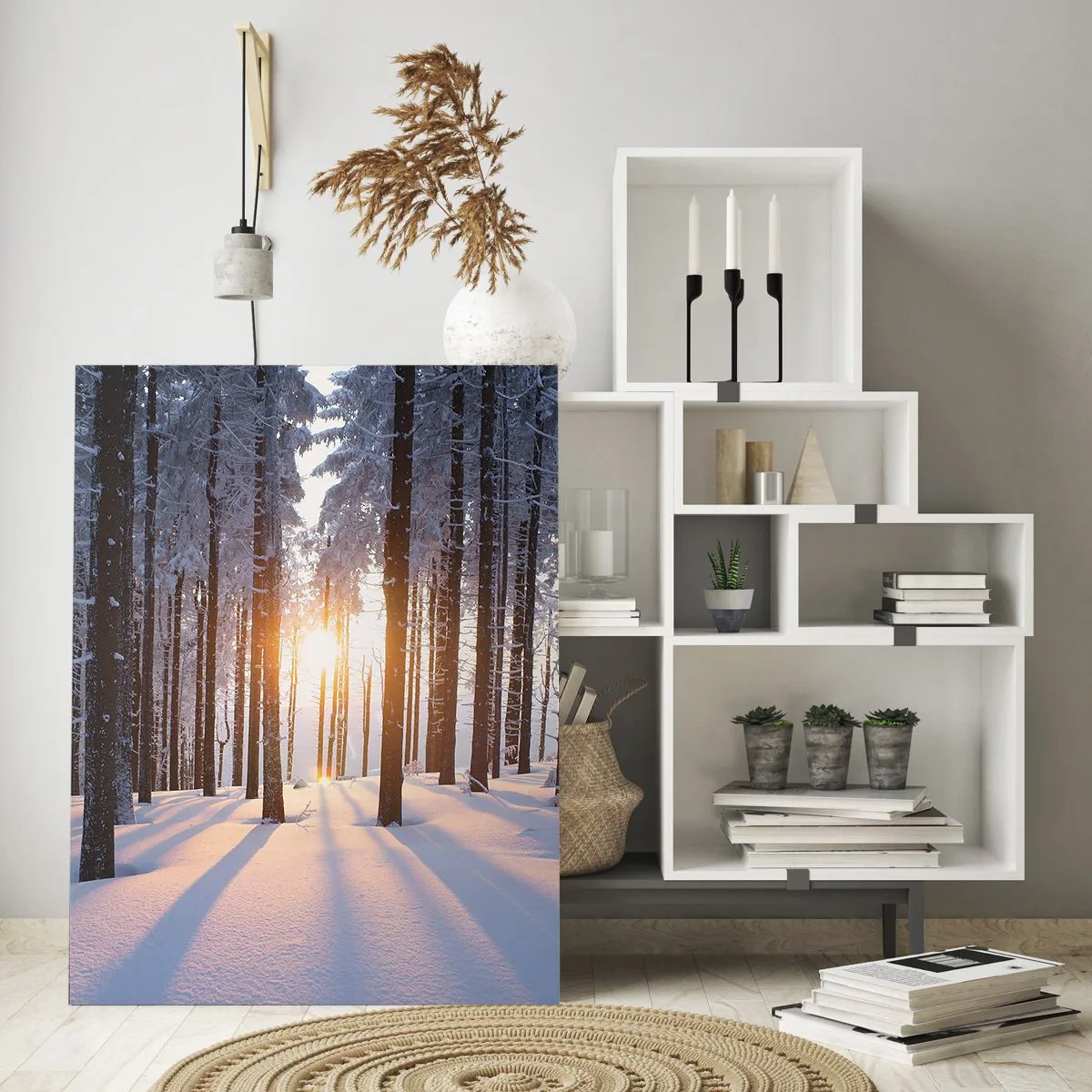 Impression sur verre - Image sur verre - Forêt d'hiver avec les rayons du soleil qui brillent à travers les arbres - 50x70cm - Clairement en noir et blanc - Décoration murale moderne pour le salon et la chambre ARTTOR