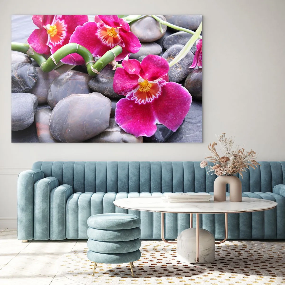Impression sur verre - Image sur verre - Orchidées roses avec bambou sur pierres - 70x50cm - Refroidir et chauffer - Décoration murale moderne pour le salon et la chambre ARTTOR