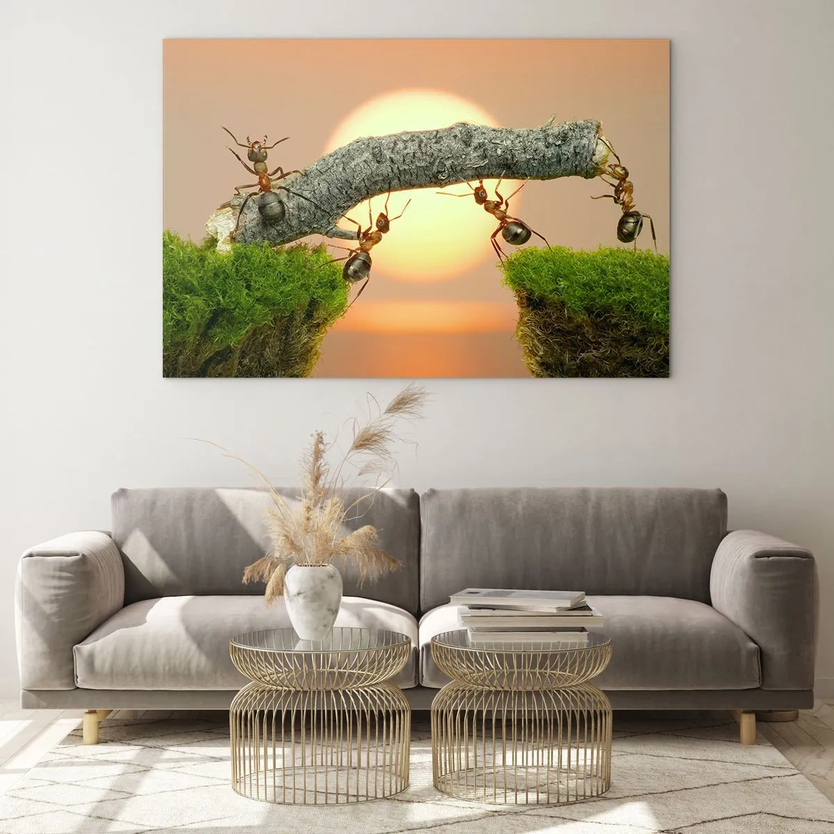 Impression sur verre - Image sur verre - Des fourmis construisent un pont au coucher du soleil - 100x70cm - La joie, travaille d'équipe - Décoration murale moderne pour le salon et la chambre ARTTOR