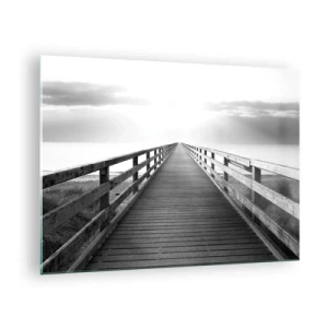 Impression sur verre - Image sur verre - Un pont en bois menant vers l'horizon en noir et blanc - 70x50cm - A perte de vue... - Décoration murale moderne pour le salon et la chambre ARTTOR
