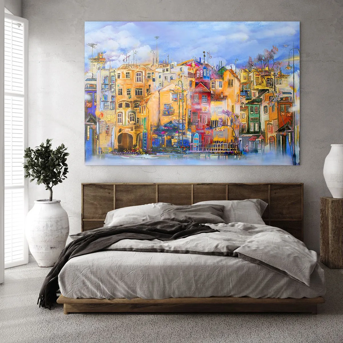 Impression sur verre - Image sur verre - Des immeubles colorés dans un cadre urbain artistique - 120x80cm - Nous sommes ensemble - Décoration murale moderne pour le salon et la chambre ARTTOR