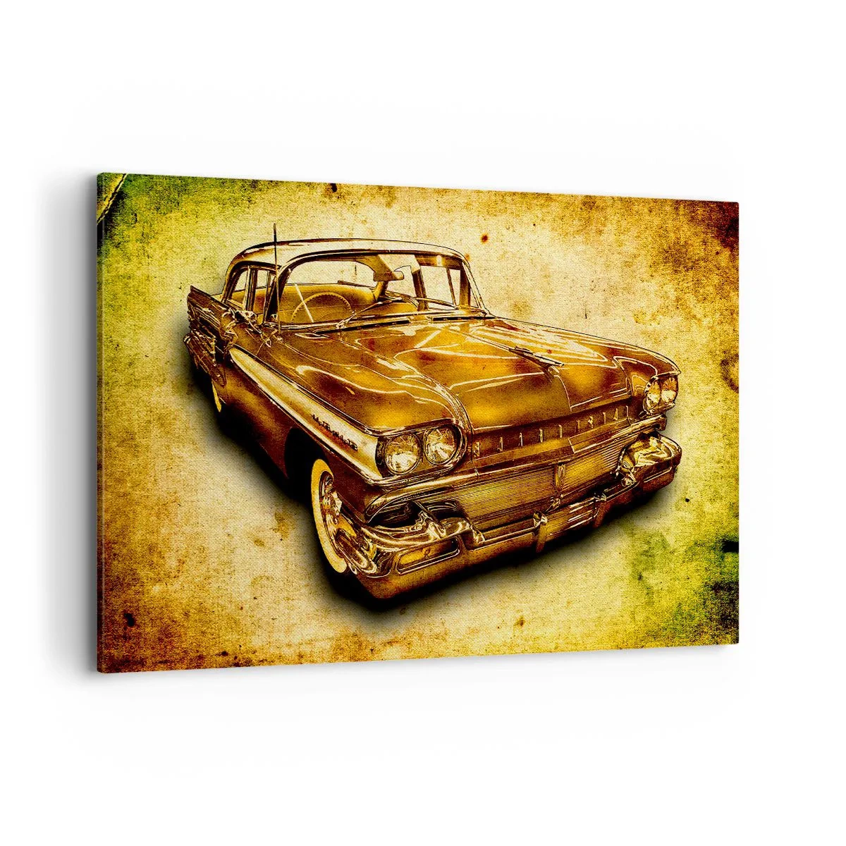 Impression sur toile - Image sur toile - Une voiture rétro classique dorée sur un fond vintage avec un effet vieilli. - 120x80cm - La beauté éternelle des classiques - Décoration murale moderne pour le salon et la chambre ARTTOR