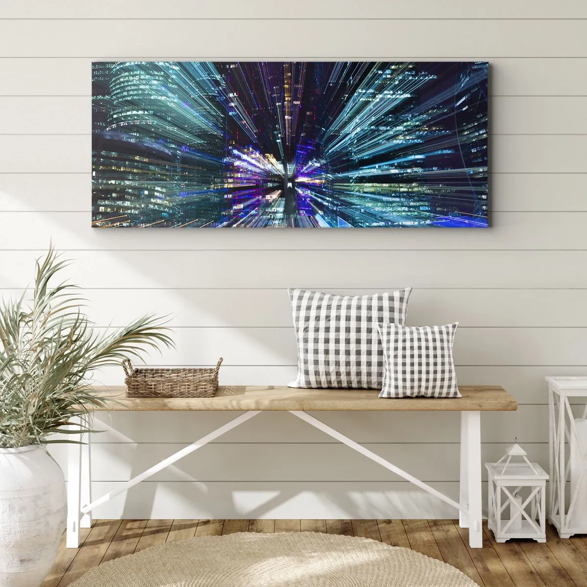 Impression sur toile - Image sur toile - Vue dynamique de la ville la nuit avec un effet de lumière - 160x50cm - Transition vers l'hyperespace - Décoration murale moderne pour le salon et la chambre ARTTOR