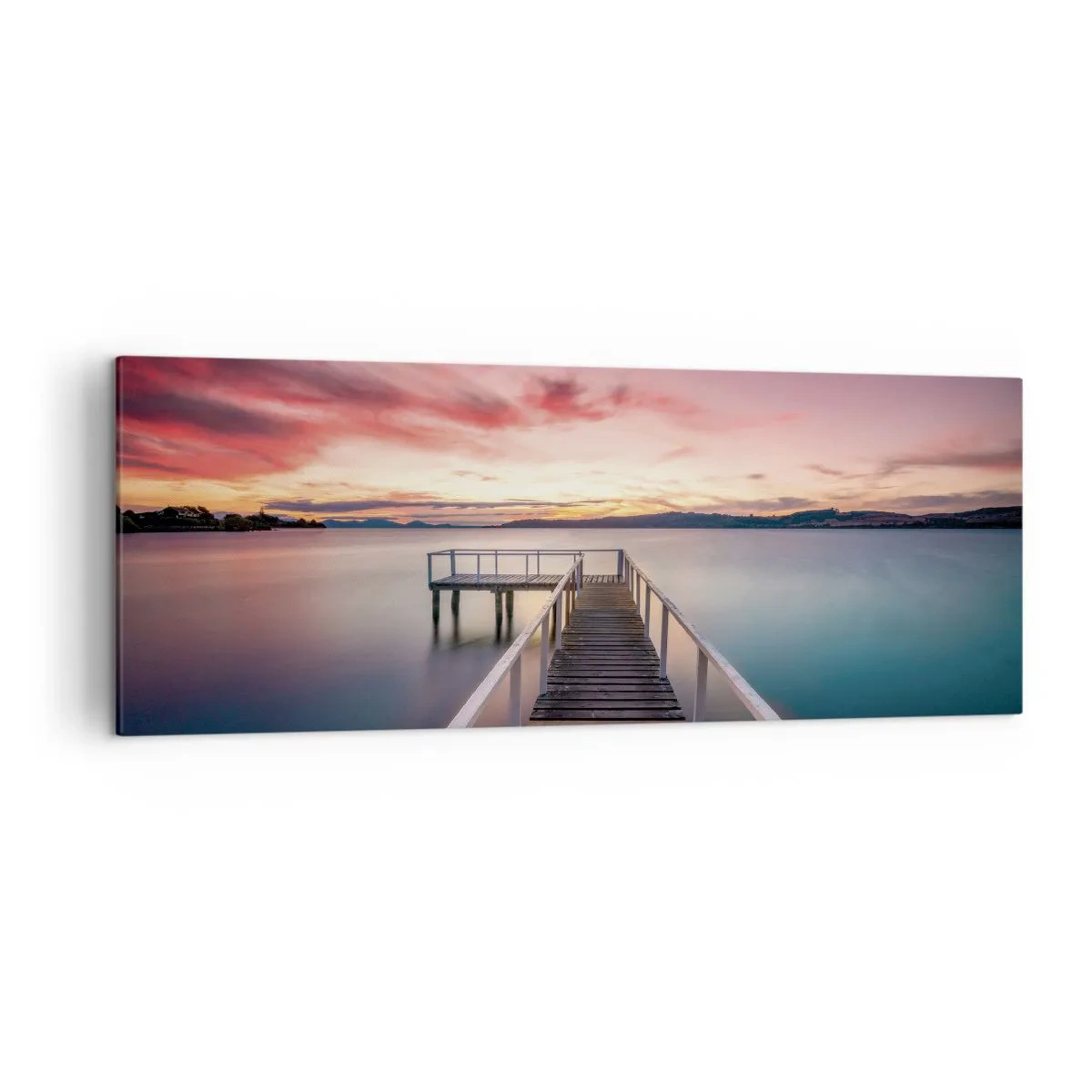 Impression sur toile - Image sur toile - Une jetée menant à un lac tranquille au coucher du soleil - 140x50cm - La douce flamme du soir - Décoration murale moderne pour le salon et la chambre ARTTOR