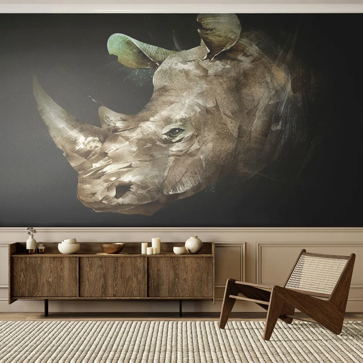 Papier Peint Photo Premium Sand - Graphique artistique d'une tête de rhinocéros sur fond sombre - 100x70cm - La force vraiment masculine - Décoration murale moderne pour le salon et la chambre ARTTOR