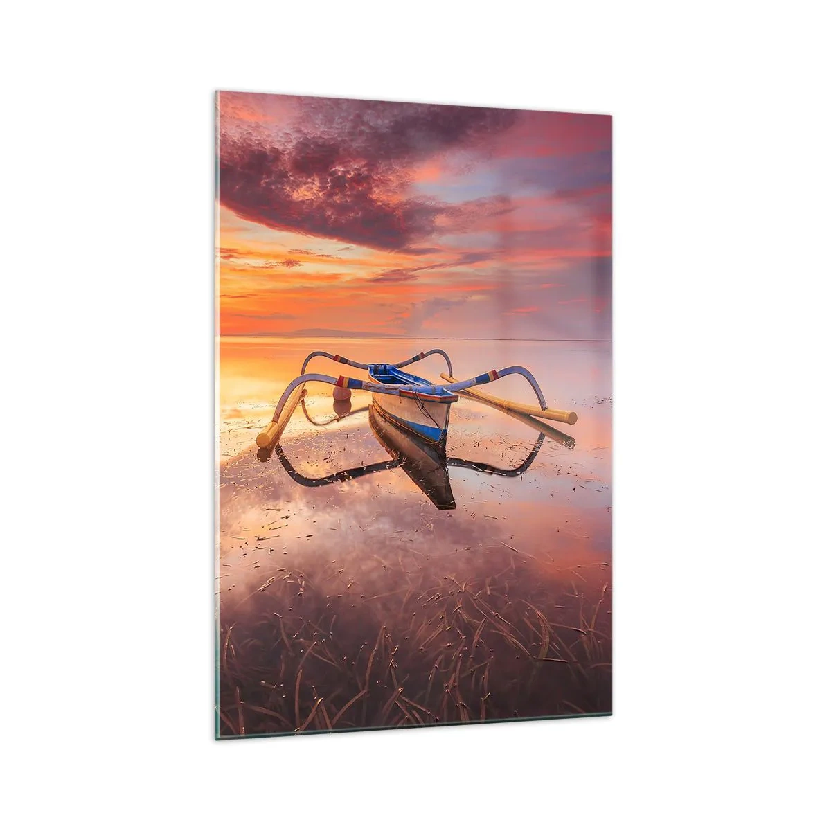 Impression sur verre - Image sur verre - Un bateau sur une eau calme au coucher du soleil - 70x100cm - Le calme d'une soirée tropicale - Décoration murale moderne pour le salon et la chambre ARTTOR