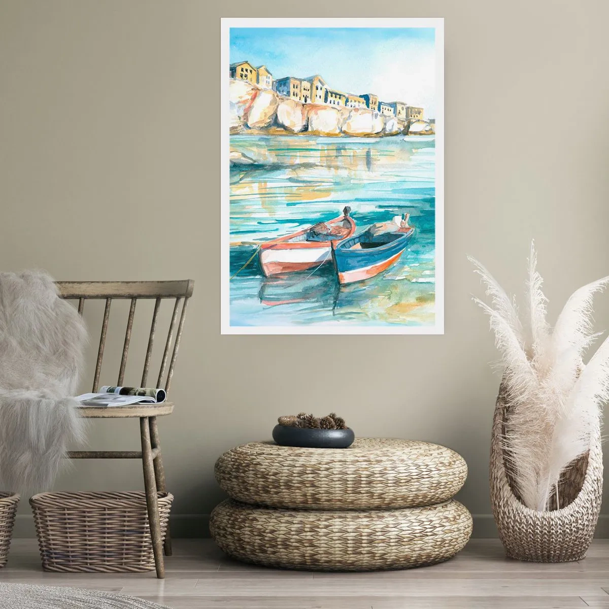 Affiche - Poster - Paysage à l'aquarelle avec des bateaux sur l'eau et une ville balnéaire - 50x70cm - Paysage dans l'azur - Décoration murale moderne pour le salon et la chambre ARTTOR