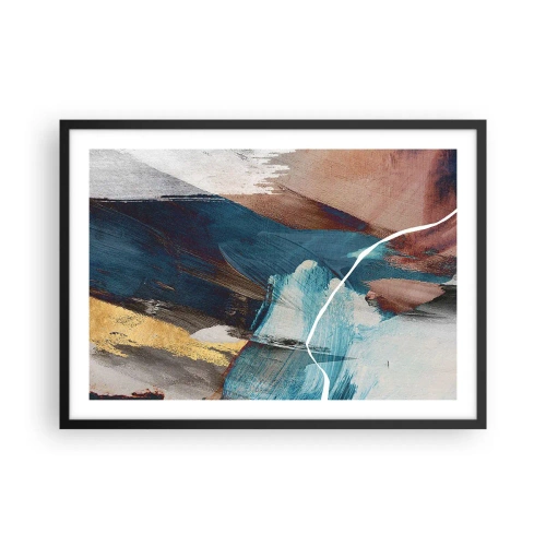 Affiche dans un cadre noir - Poster - Coups de pinceau abstraits dans des tons de bleu et d'or - 70x50cm - Avec panache et énergie - Décoration murale moderne pour le salon et la chambre ARTTOR
