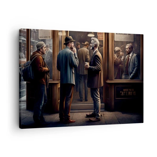 Impression sur toile - Image sur toile - Scène de rue avec des gens devant un café rétro - 70x50cm - Bon moment de la journée - Décoration murale moderne pour le salon et la chambre ARTTOR