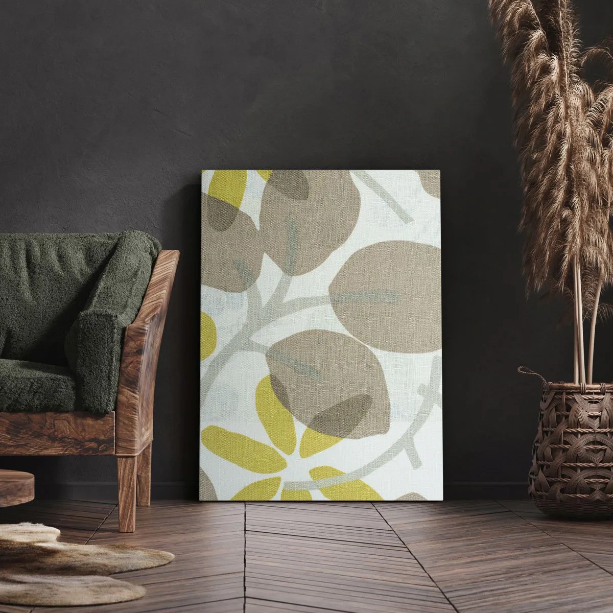 Impression sur toile - Image sur toile - Feuilles abstraites dans les tons beige et jaune - 50x70cm - Composition en plein soleil - Décoration murale moderne pour le salon et la chambre ARTTOR