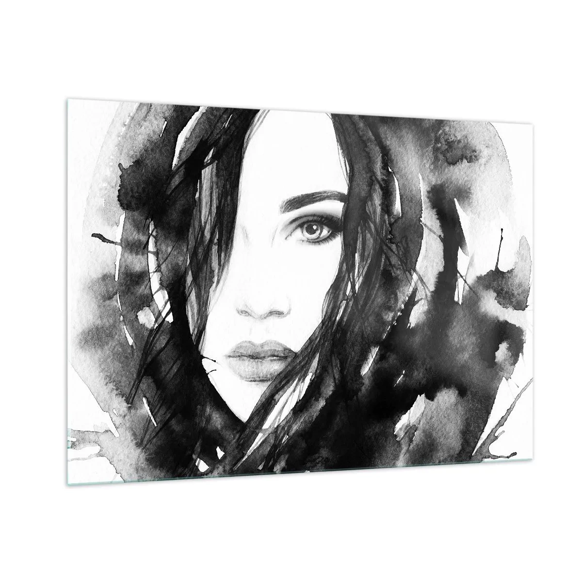Impression sur verre - Image sur verre - Portraits féminins à l'aquarelle en noir et blanc - 100x70cm - Portrait d'une dame en noir et blanc - Décoration murale moderne pour le salon et la chambre ARTTOR