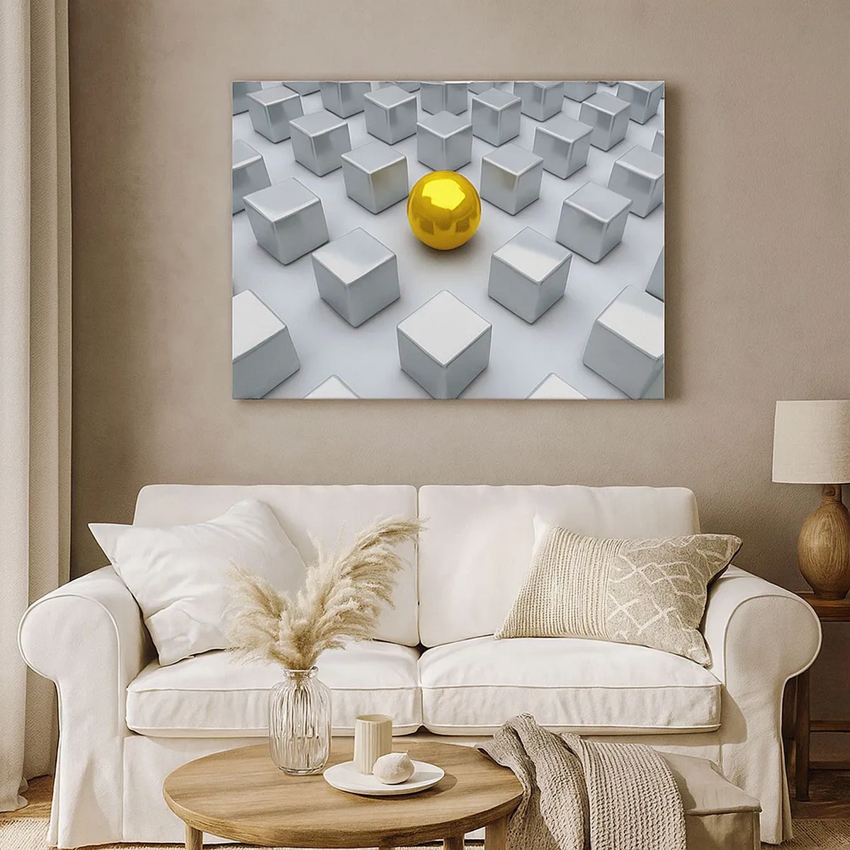Impression sur toile - Image sur toile - Une sphère dorée se détachant parmi les cubes d'argent - 70x50cm - Pourquoi moi? Composition géométrique - Décoration murale moderne pour le salon et la chambre ARTTOR
