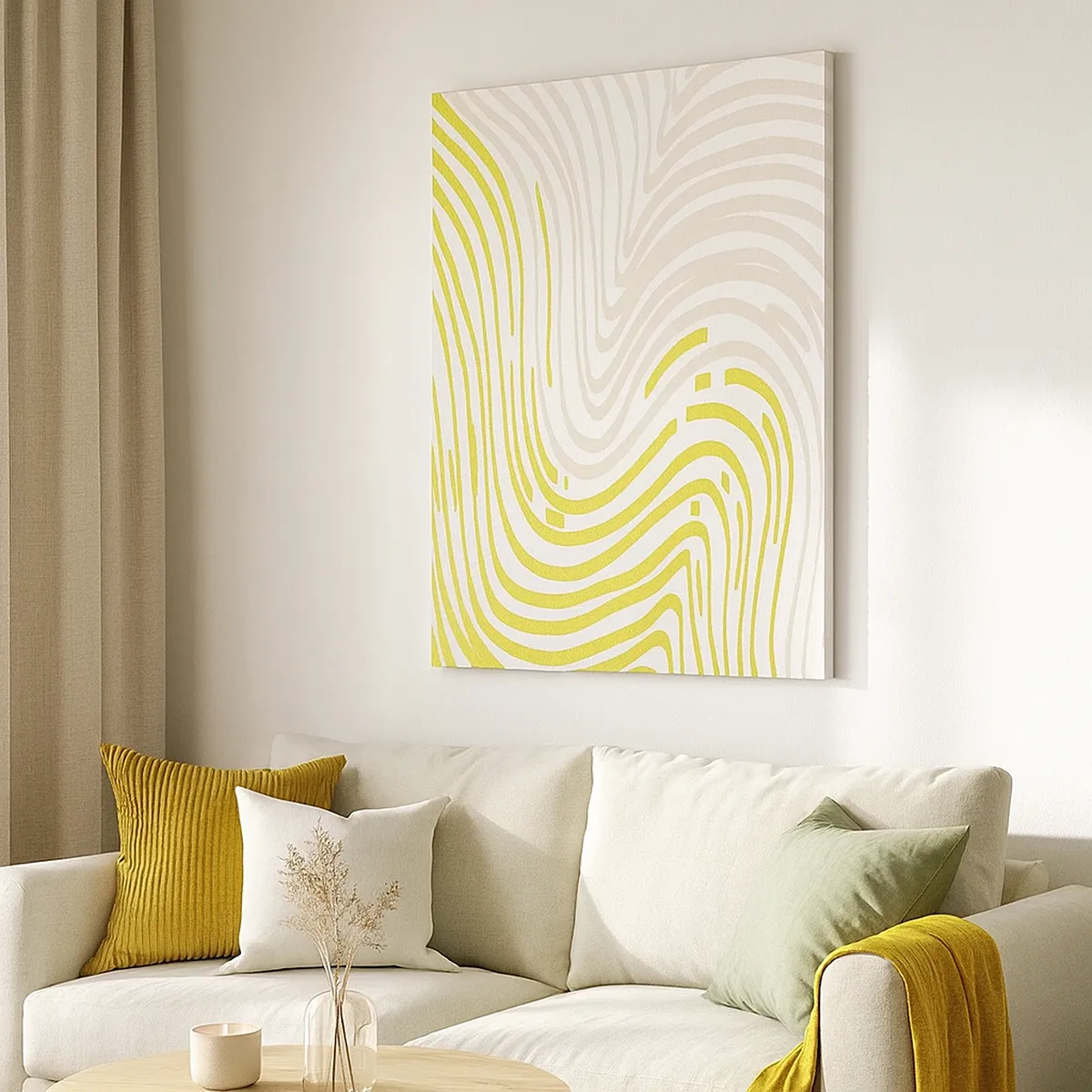 Impression sur toile - Image sur toile - Un motif abstrait avec des lignes ondulées dans des tons de jaune et de beige. - 50x70cm - Une composition au léger virage - Décoration murale moderne pour le salon et la chambre ARTTOR