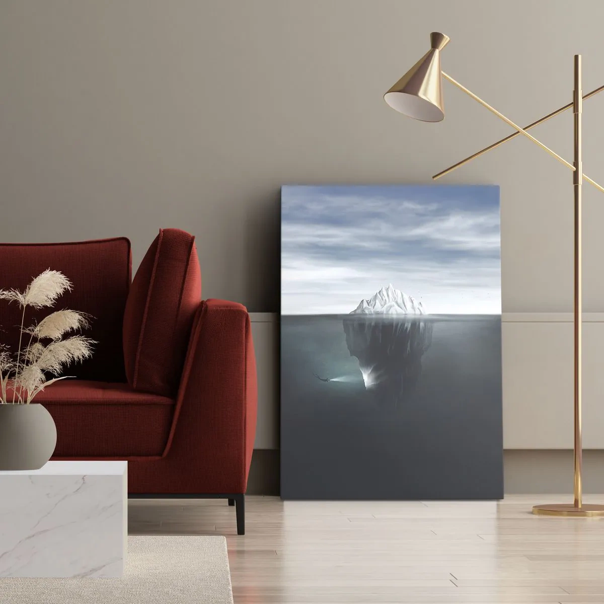 Impression sur toile - Image sur toile - Un iceberg dans l'eau avec un plongeur et un projecteur sous la surface. - 70x100cm - Mystère sous-marin - Décoration murale moderne pour le salon et la chambre ARTTOR