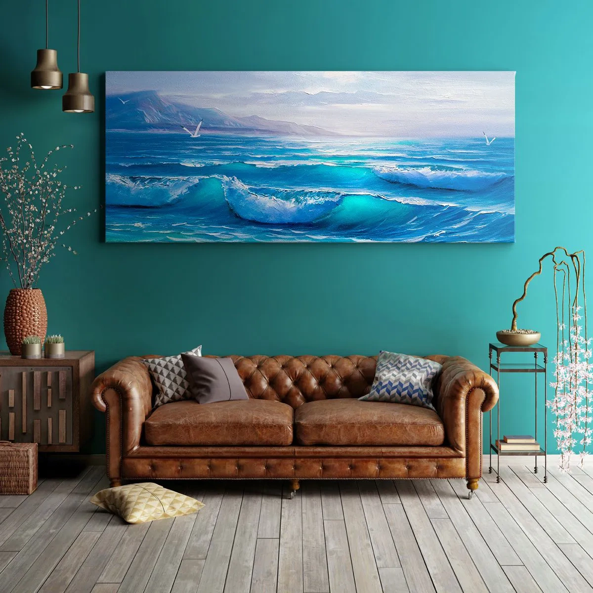 Impression sur toile - Image sur toile - Un paysage marin pittoresque avec des vagues et un ciel bleu - 140x50cm - Il apporte un soulagement - Décoration murale moderne pour le salon et la chambre ARTTOR