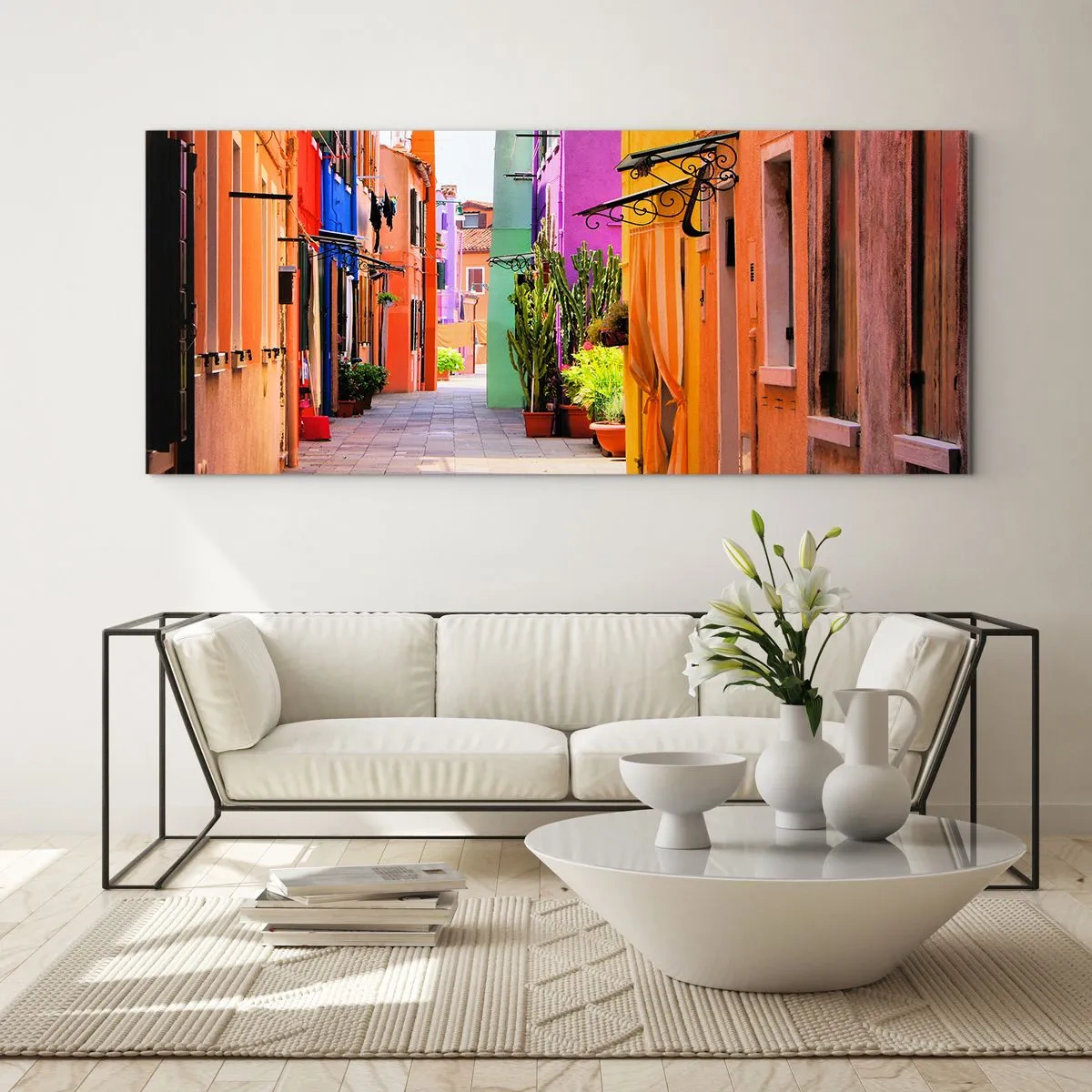 Impression sur verre - Image sur verre - Une rue colorée avec des immeubles aux tons clairs - 160x50cm - Allée arc-en-ciel - Décoration murale moderne pour le salon et la chambre ARTTOR