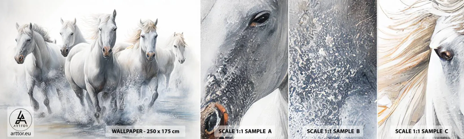 Échantillon de Papier Peint Autocollant Deluxe Sticker - Magie blanche - Les chevaux, Animaux, Aquarelle - 100x30 cm