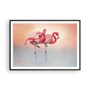 Affiche dans un cadre noir - Poster - Flamants roses aux couleurs pastel délicates sur fond d'eau - 100x70cm - Dans les couleurs du soleil couchant - Décoration murale moderne pour le salon et la chambre ARTTOR