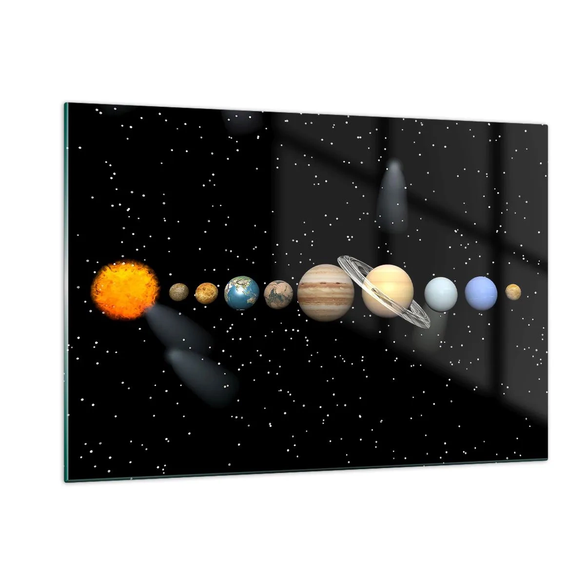 Impression sur verre - Image sur verre - Le système solaire sur fond d'étoiles dans l'espace - 120x80cm - Et les planètes sont folles, sont folles... - Décoration murale moderne pour le salon et la chambre ARTTOR