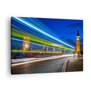 Impression sur toile - Image sur toile - Big Ben la nuit avec l'effet des lumières dans la circulation routière - 70x50cm - Sous l'œil de Big Ben - Décoration murale moderne pour le salon et la chambre ARTTOR