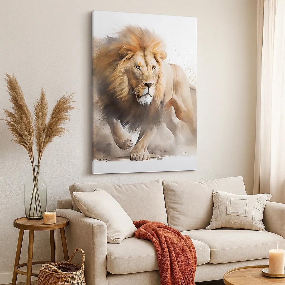 Impression sur toile - Image sur toile - Un portrait dynamique d'un lion aux couleurs naturelles. - 50x70cm - Le roi bougea - Décoration murale moderne pour le salon et la chambre ARTTOR