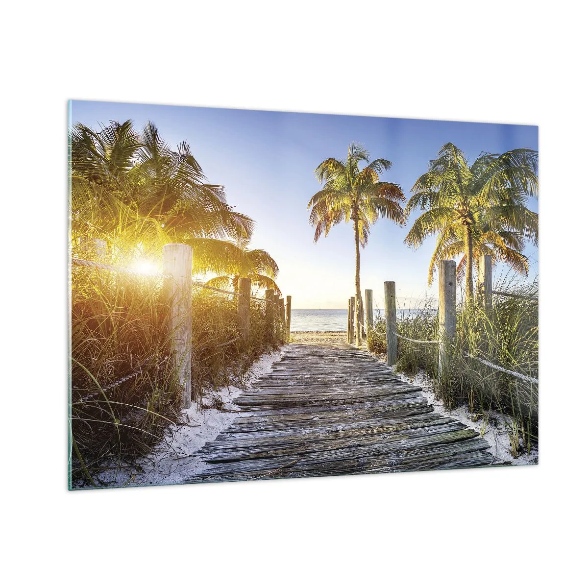 Impression sur verre - Image sur verre - Chemin en bois sur la plage entouré de palmiers - 100x70cm - Directement au paradis - Décoration murale moderne pour le salon et la chambre ARTTOR