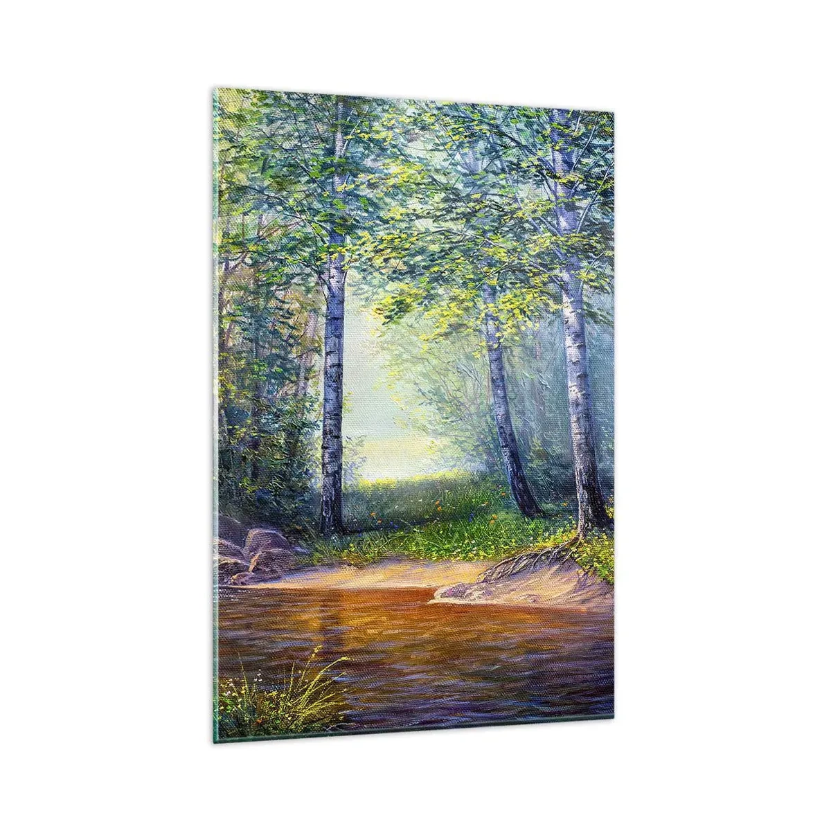 Impression sur verre - Image sur verre - Un ruisseau forestier entouré de bouleaux et de soleil - 80x120cm - Paysage idyllique - Décoration murale moderne pour le salon et la chambre ARTTOR