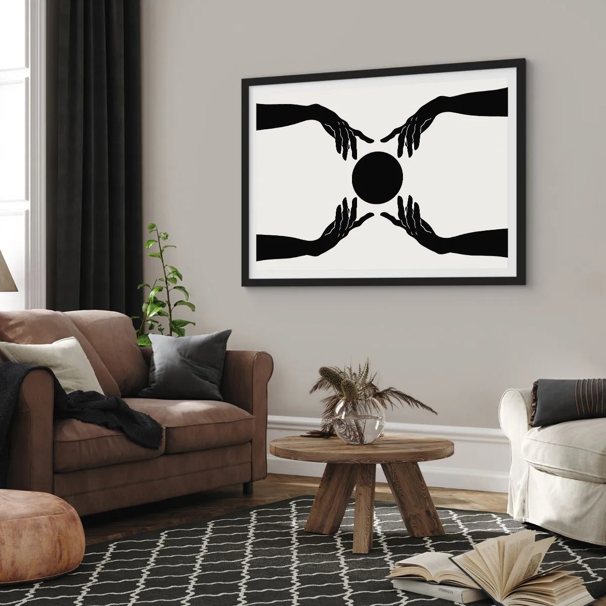 Affiche dans un cadre noir - Poster - Mains noires dans une composition symétrique avec une boule - 100x70cm - Signe secret - Décoration murale moderne pour le salon et la chambre ARTTOR