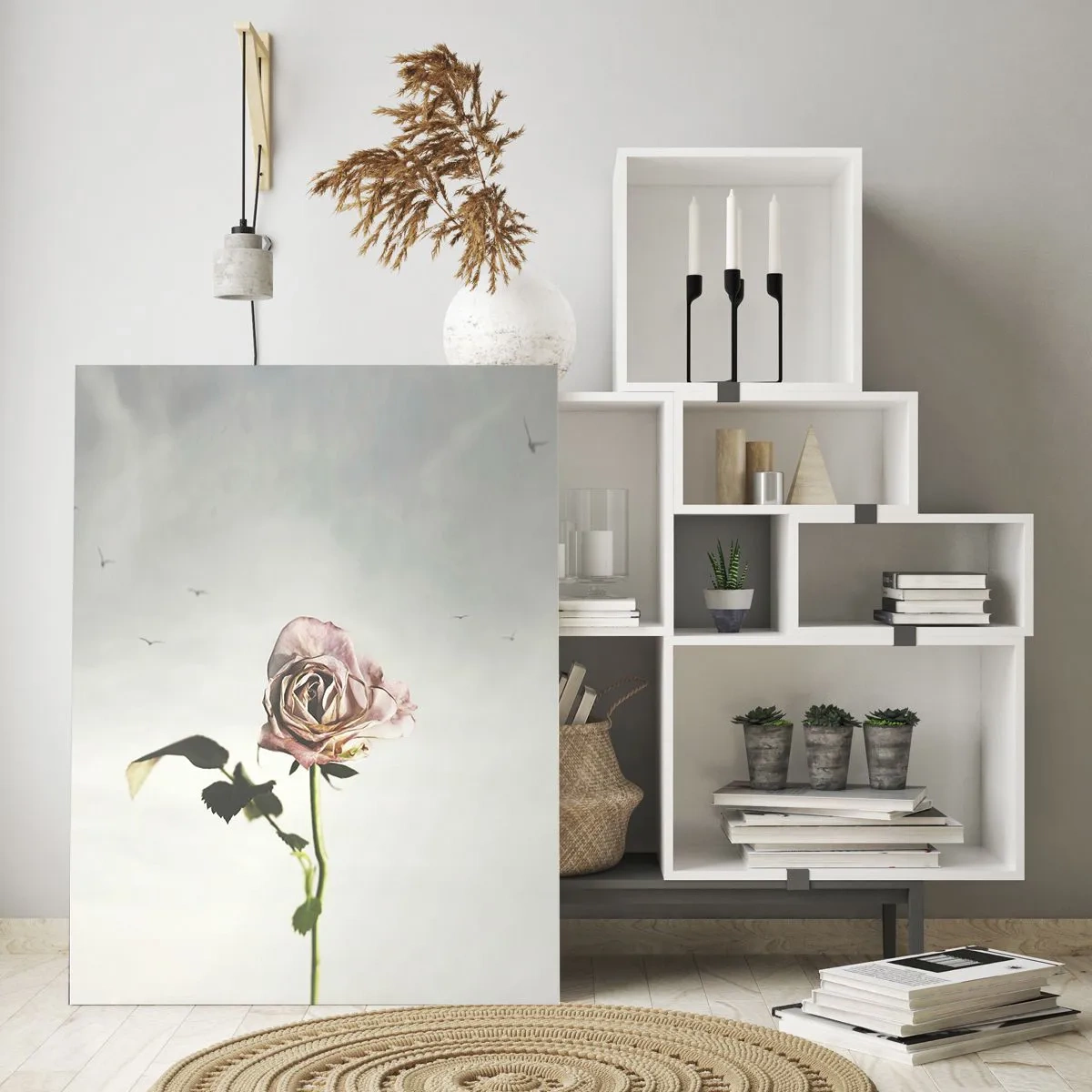 Impression sur verre - Image sur verre - Une rose délicate contre le ciel avec des oiseaux en vol - 50x70cm - Bonjour de printemps - Décoration murale moderne pour le salon et la chambre ARTTOR