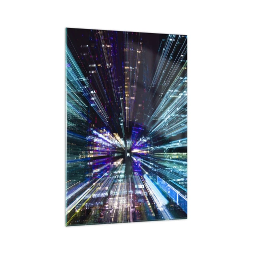 Impression sur verre - Image sur verre - Vue dynamique de la ville la nuit avec un effet de lumière - 70x100cm - Transition vers l'hyperespace - Décoration murale moderne pour le salon et la chambre ARTTOR