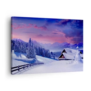 Impression sur toile - Image sur toile - Paysage d'hiver avec chalets de montagne au coucher du soleil - 70x50cm - Douce nuit - Décoration murale moderne pour le salon et la chambre ARTTOR